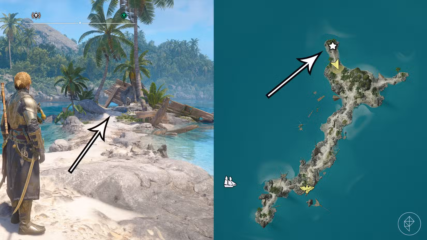 A localização do tesouro do mapa esfarrapado em Assassin's Creed Black Flag Resynced.