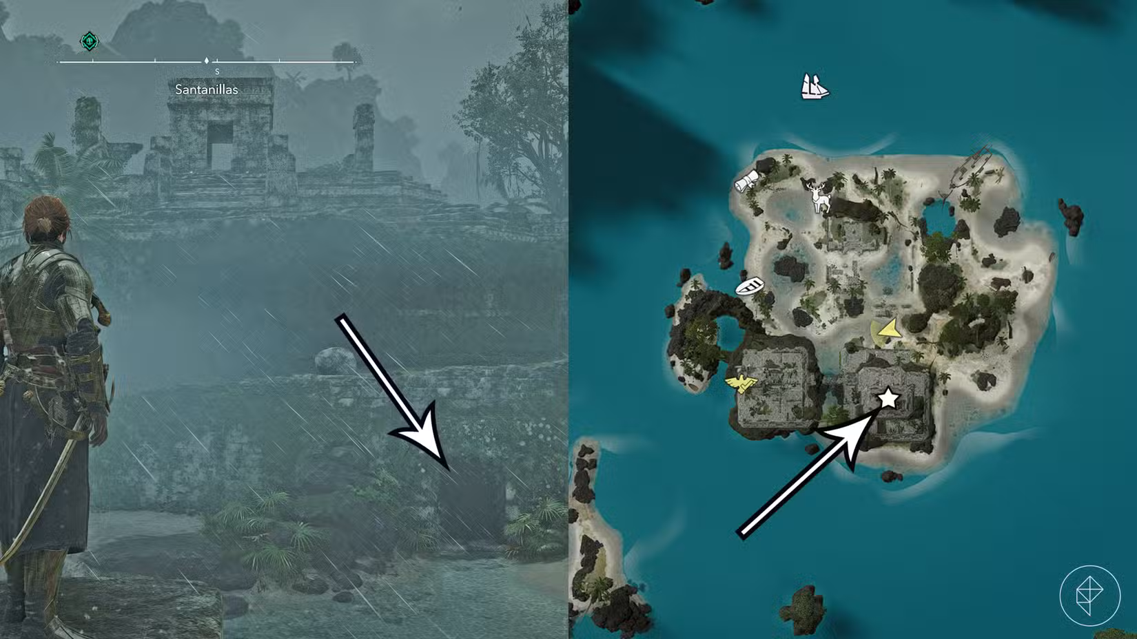 A localização do tesouro do mapa resumido em Assassin's Creed Black Flag Resynced.