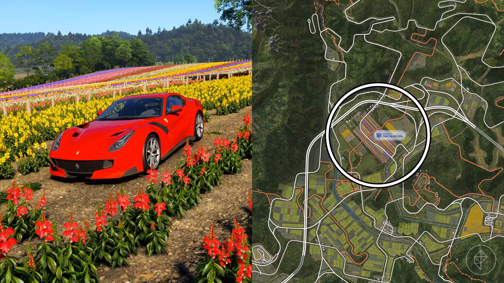 A localização de Shikisai-no-oka circulada no mapa do Forza Horizon 6.