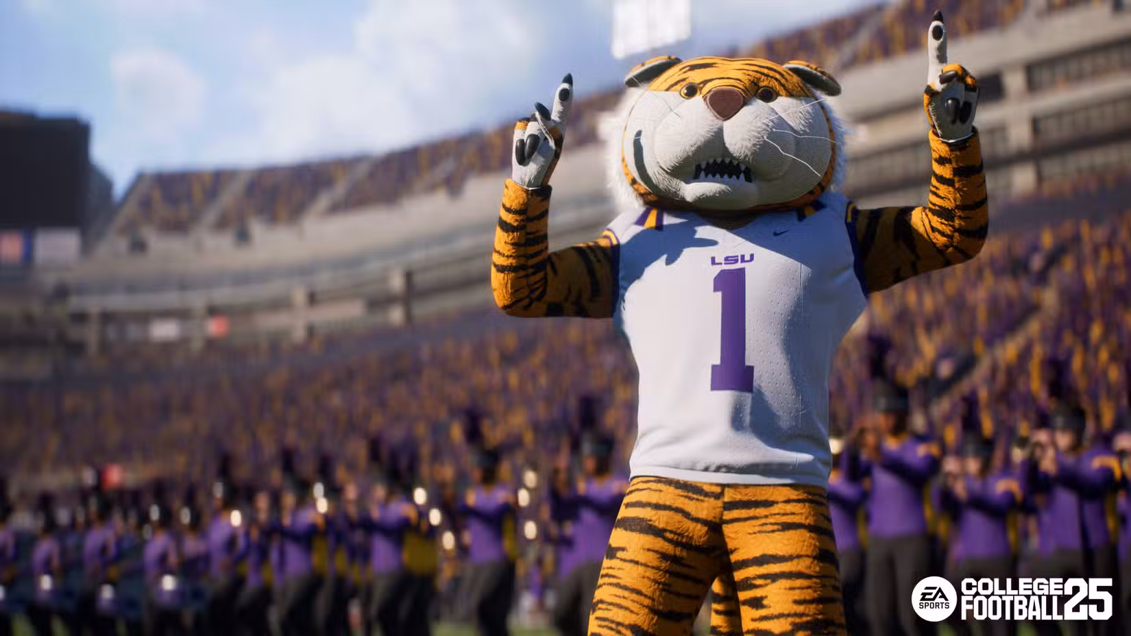 Uma captura de tela do mascote tigre da LSU apontando para o céu em um estádio do EA Sports College Football 25