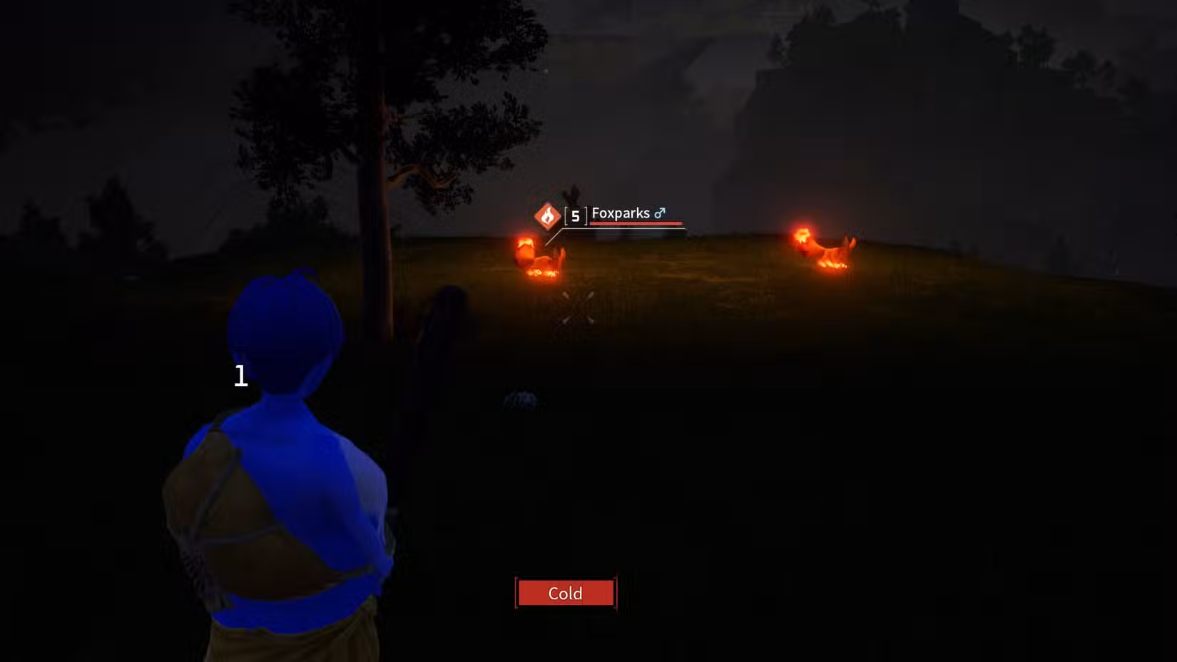 Um herói do Palworld fica perto de um Foxparks à noite com a habilidade de acender.