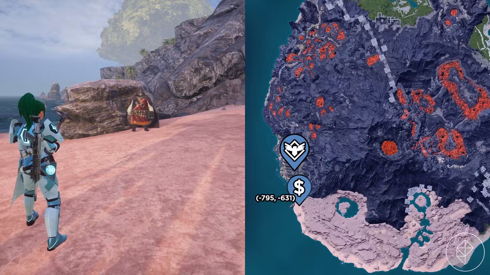 Uma montagem de duas capturas de tela do Palworld mostrando a localização de um comerciante do mercado negro