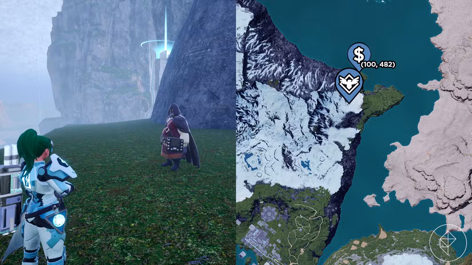 Uma montagem de duas capturas de tela do Palworld mostrando a localização de um comerciante do mercado negro
