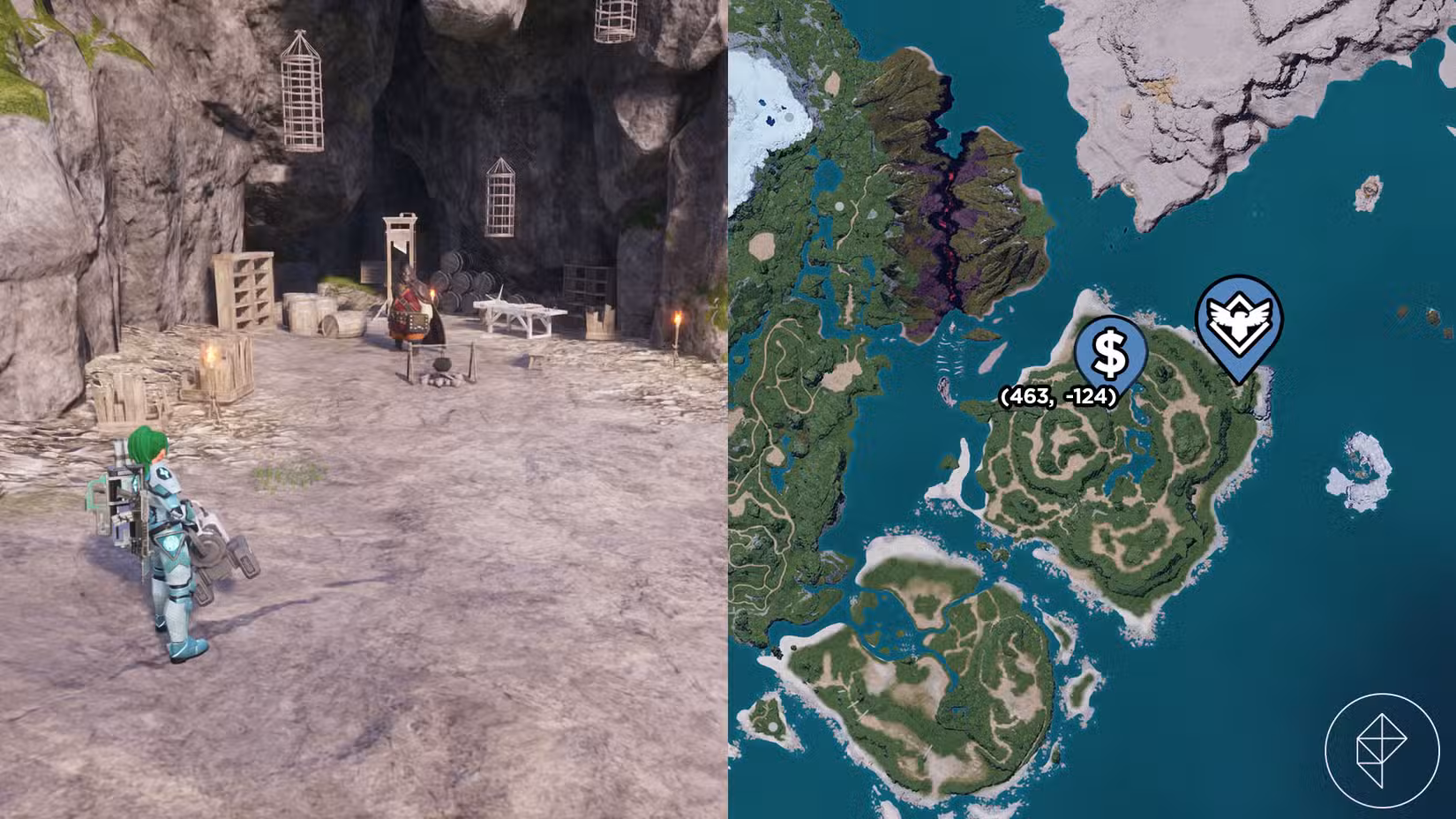 Uma montagem de duas capturas de tela do Palworld mostrando a localização de um comerciante do mercado negro