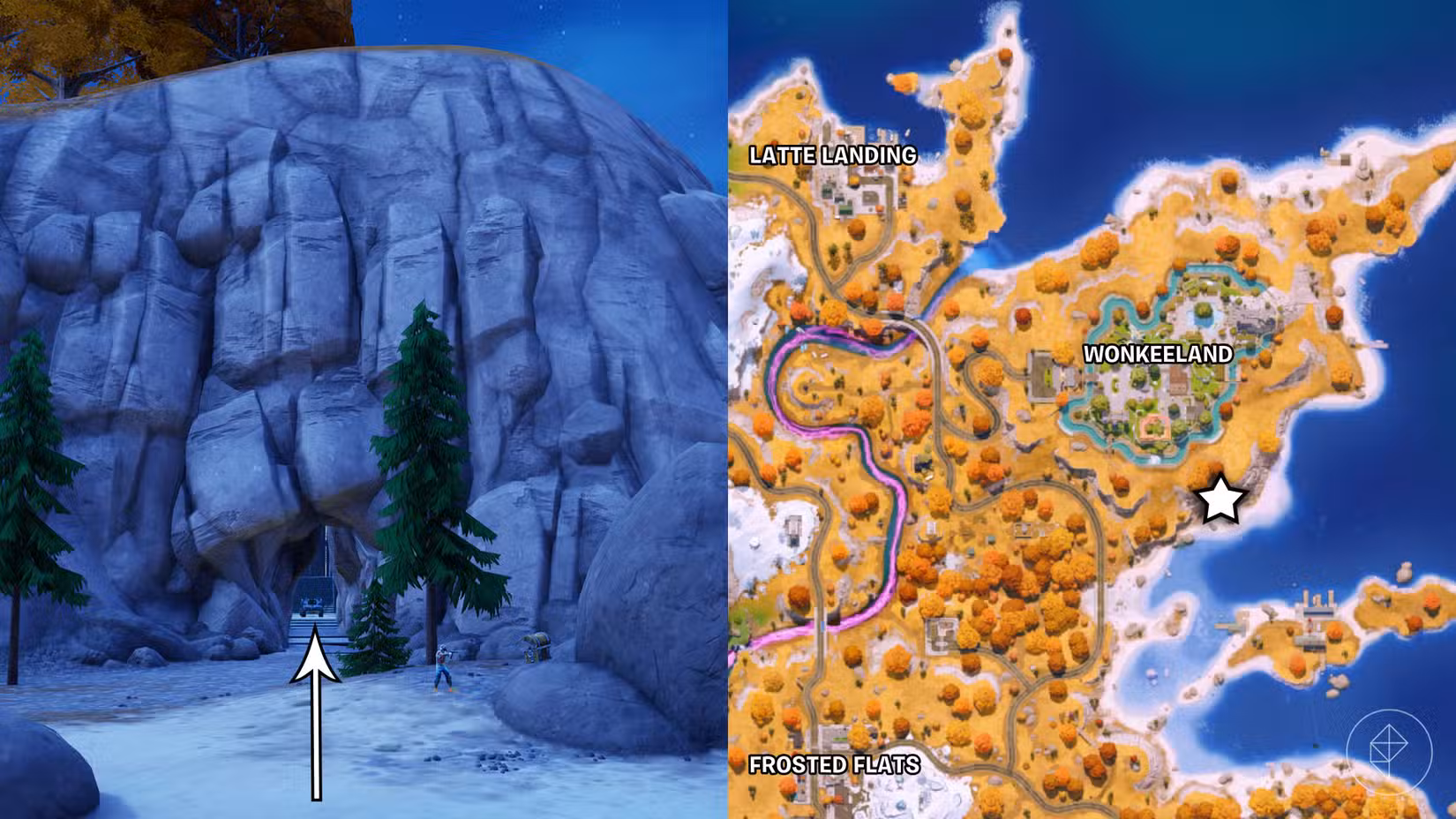 Uma abertura de caverna que leva à Bat Caverna em Fortnite Capítulo 7, Temporada 3.