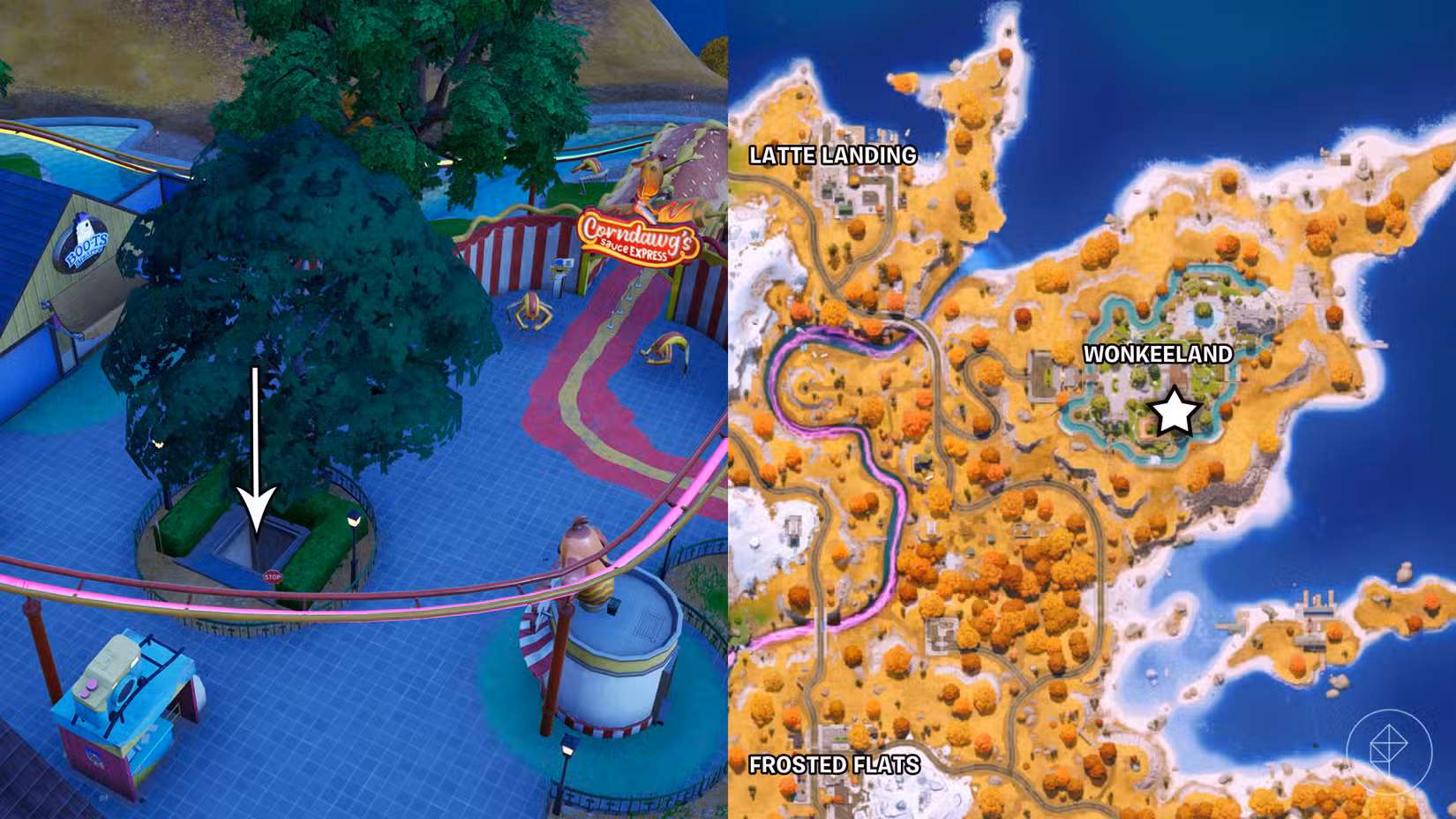 Um buraco no chão de um parque de diversões em Fortnite que leva à Bat Caverna.