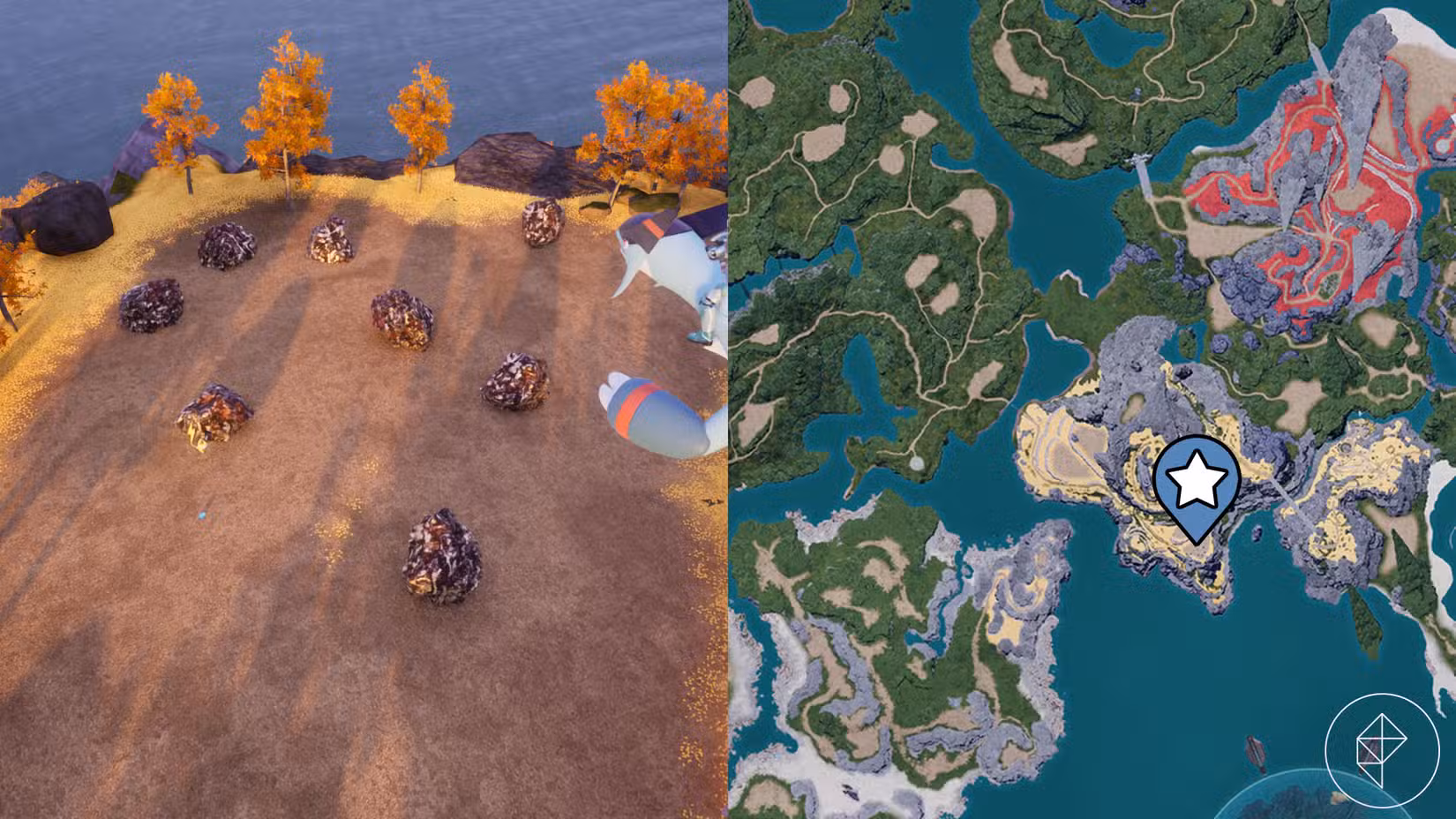 Uma montagem de duas capturas de tela do Palworld mostrando a localização de alguns nós de minério