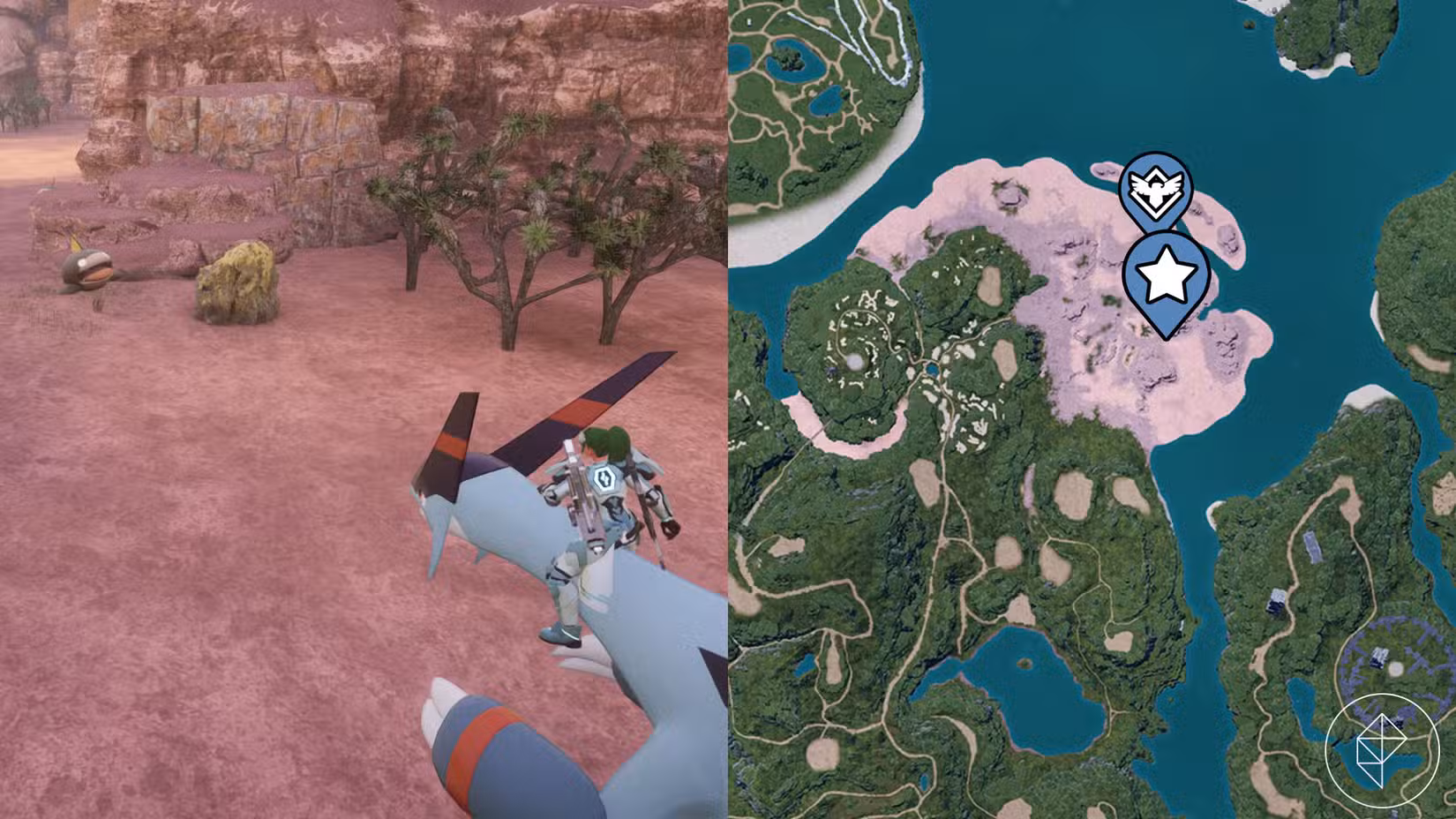 Uma montagem de duas capturas de tela do Palworld mostrando a localização de um nó de enxofre