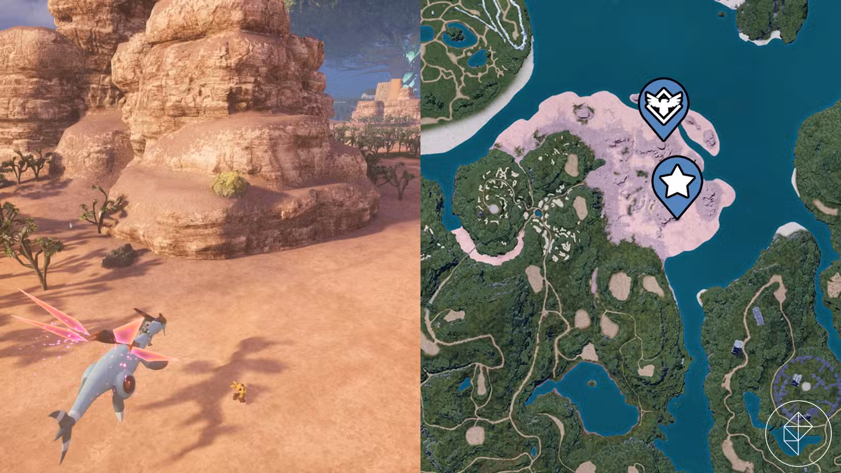 Uma montagem de duas capturas de tela do Palworld mostrando a localização de um nó de enxofre