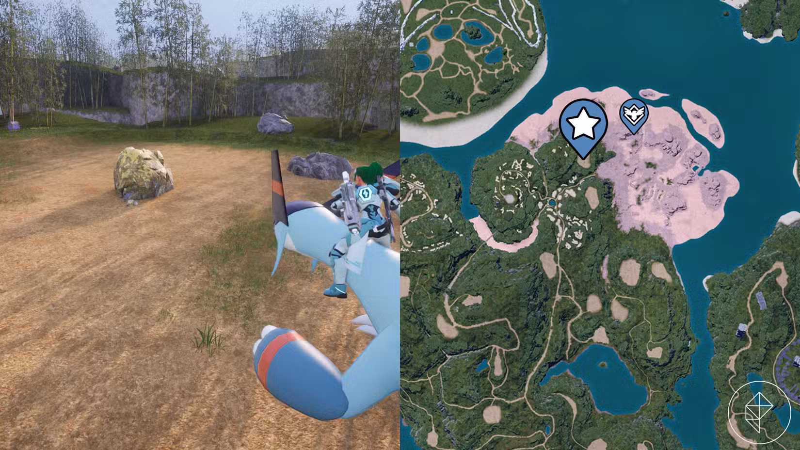 Uma montagem de duas capturas de tela do Palworld mostrando a localização de um nó de enxofre