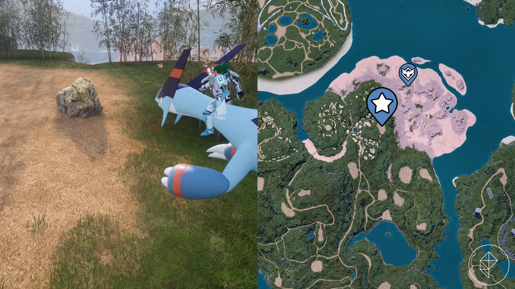 Uma montagem de duas capturas de tela do Palworld mostrando a localização de um nó de enxofre