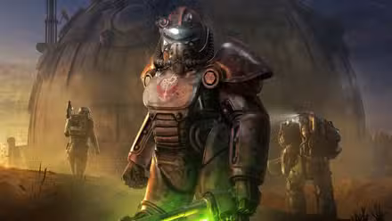 Fallout 76 - um personagem da Brotherhood of Steel enfrenta a câmera, com armadura completa.