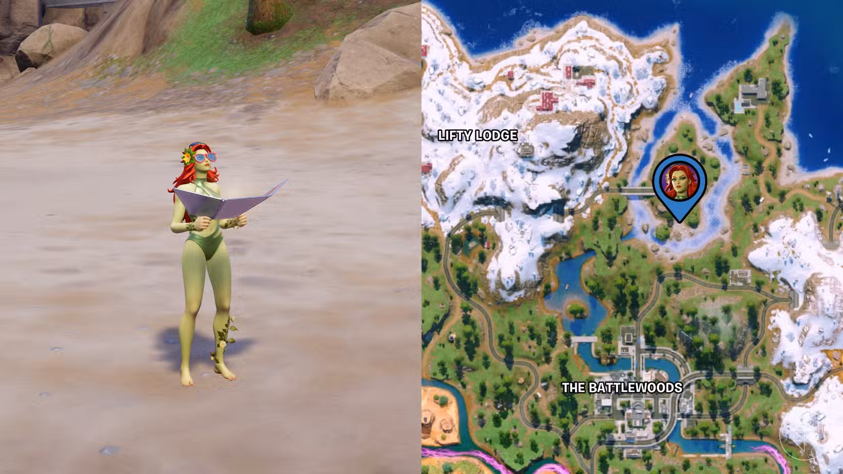 Poison Ivy, uma mulher de pele verde e cabelos ruivos, tomando banho de sol em uma praia de Fortnite com sua localização marcada no mapa.
