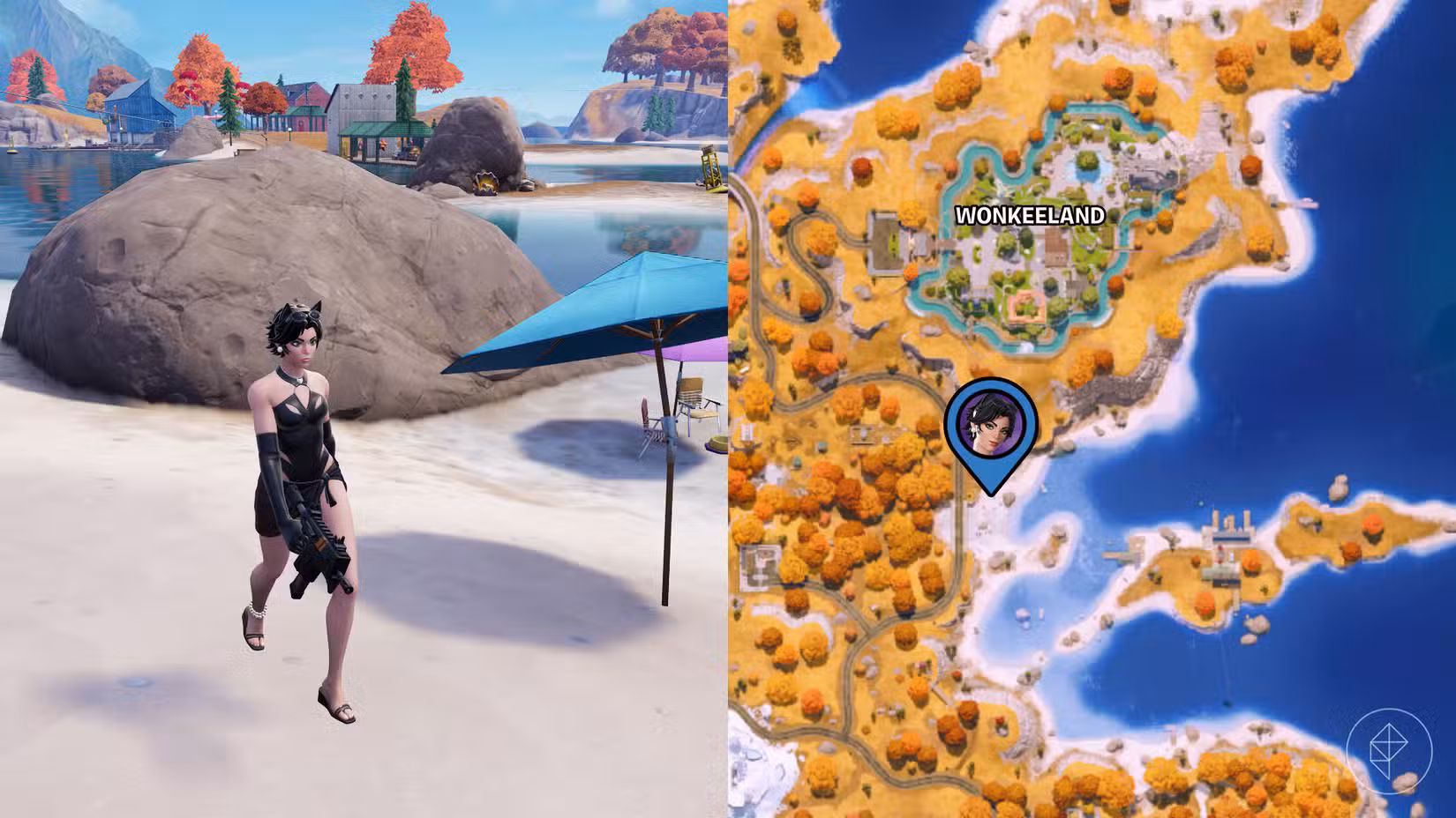 Mulher-Gato caminhando em uma praia ao lado de um guarda-chuva em Fortnite.