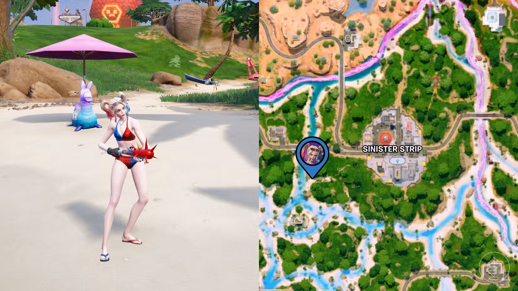 Harley Quinn parada em uma praia com localização marcada no mapa Fortnite.