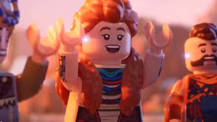Aloy legoizada levantando os braços em Lego Horizon Adventures