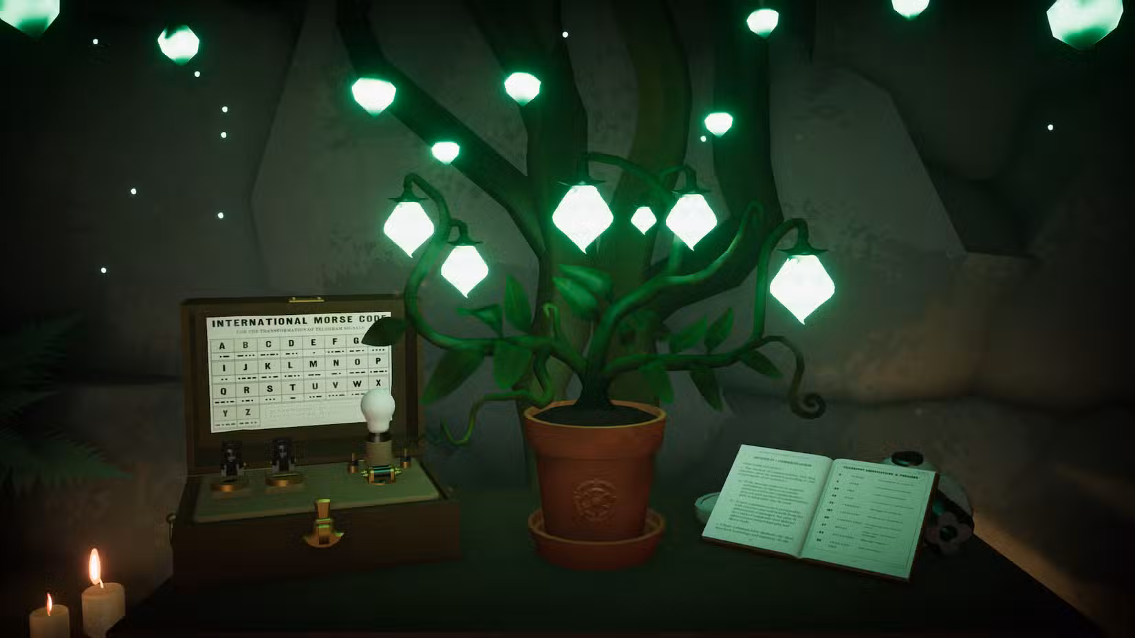 Uma planta brilhante crescendo em uma caverna em Botany Manor. Ao lado está um guia em código Morse.
