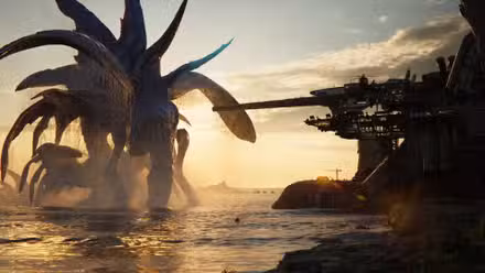 Um kaiju emerge da água e assusta uma torre gigante em Final Fantasy 7 Revelation