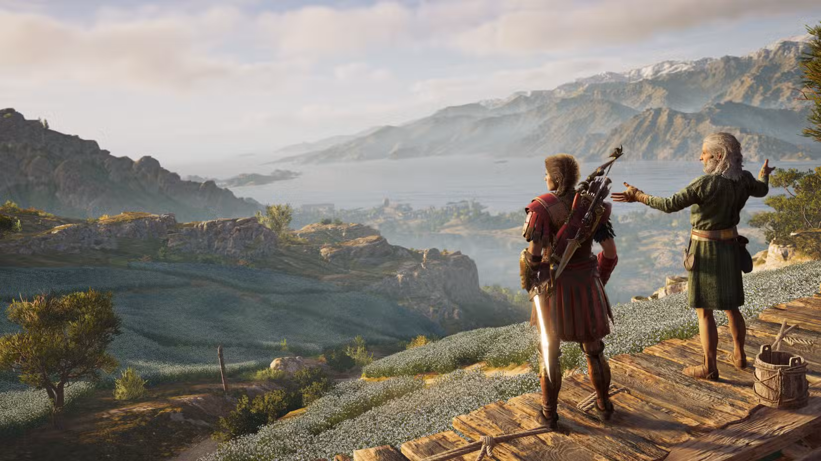 Assassin's Creed Odyssey - Kassandra examina uma paisagem grega