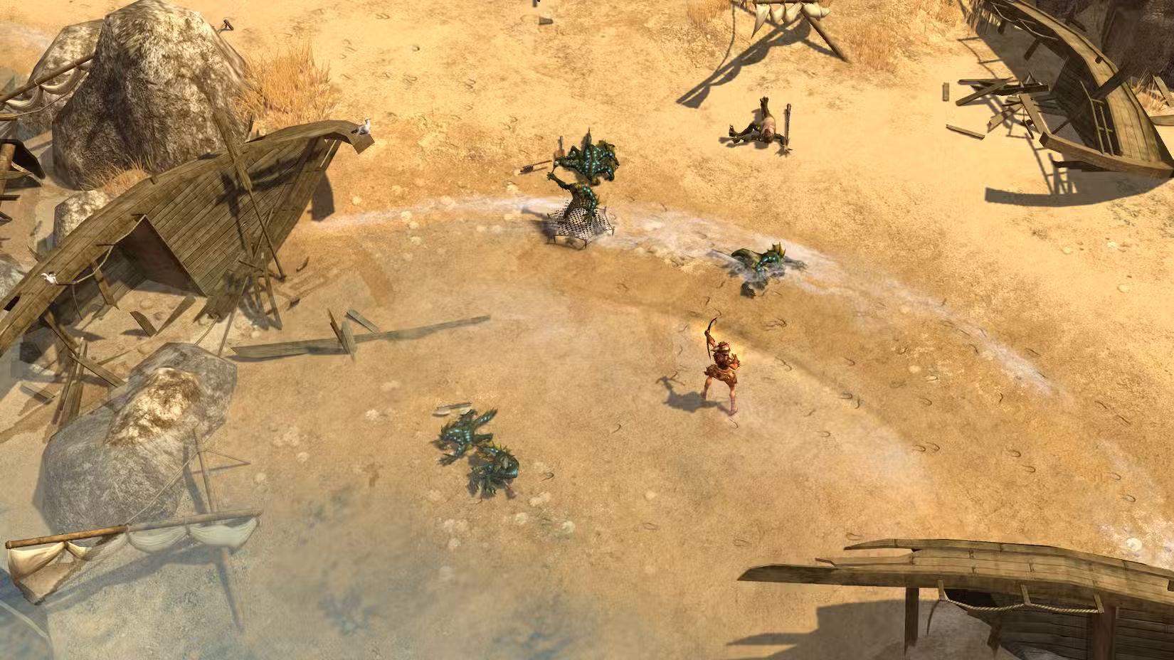 Um guerreiro atira um arco em um monstro em uma praia entre navios naufragados