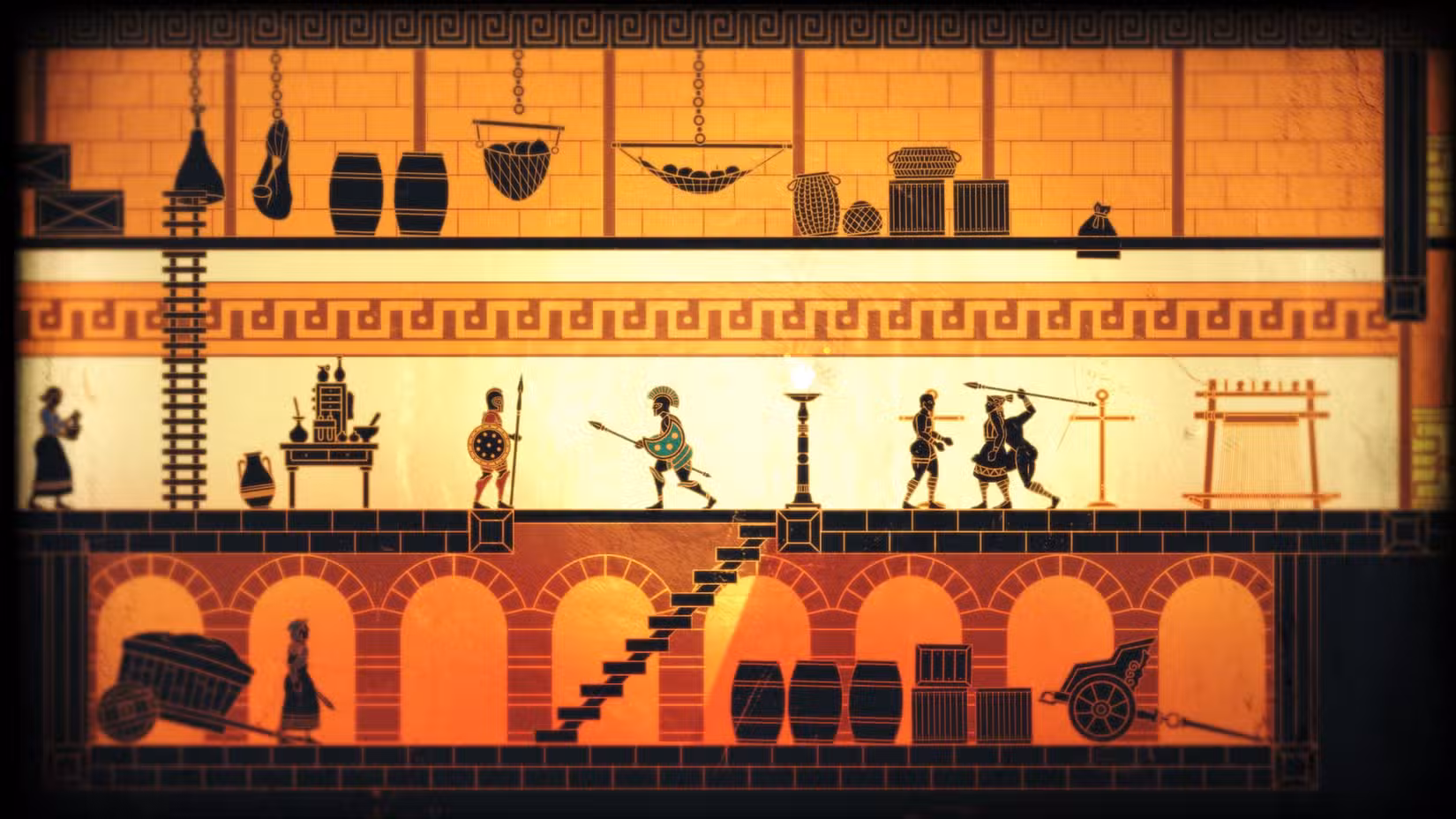 silhuetas de figuras gregas em um jogo 2D que parece cerâmica antiga