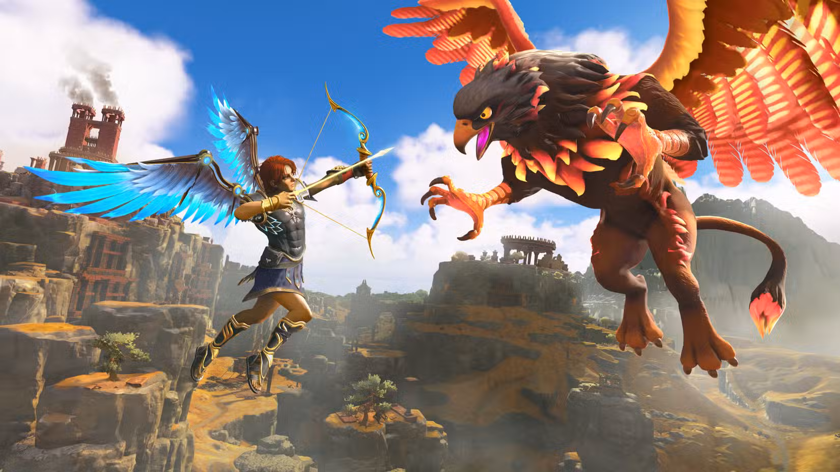 Um Fenyx voador aponta um arco e flecha para um hipogrifo em uma captura de tela de Immortals: Fenyx Rising