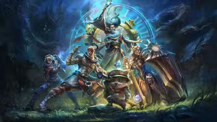 Zilean, Ezreal, Lee Sin, Teemo e Leona de League of Legends em formação de batalha em um campo gramado na frente de inimigos envoltos em pano de fundo.
