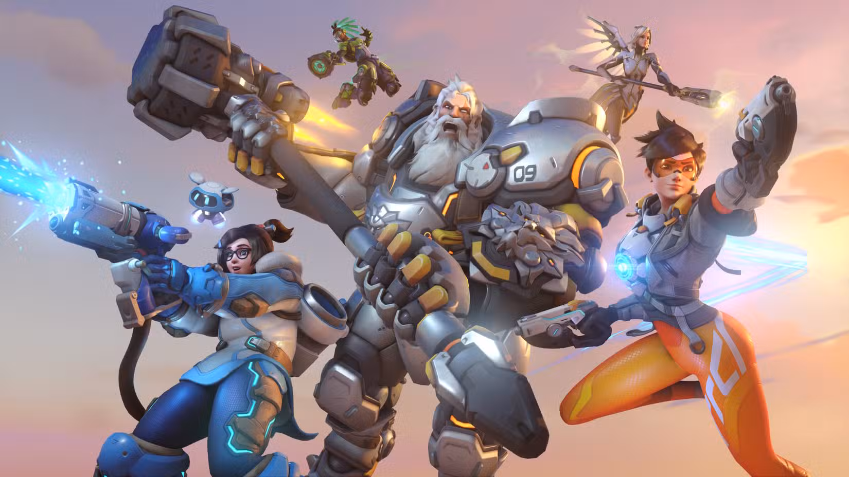 Mei, Lucio, Mercy, Reinhardt e Tracer em uma arte promocional de Overwatch 2