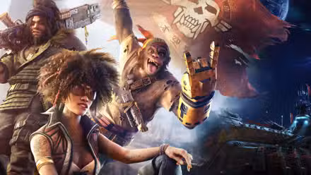 Arte dos piratas espaciais de Beyond Good and Evil 2, apresentando os personagens Knox e Yashaan ao lado de sua bandeira pirata com a espaçonave The Gada ao fundo