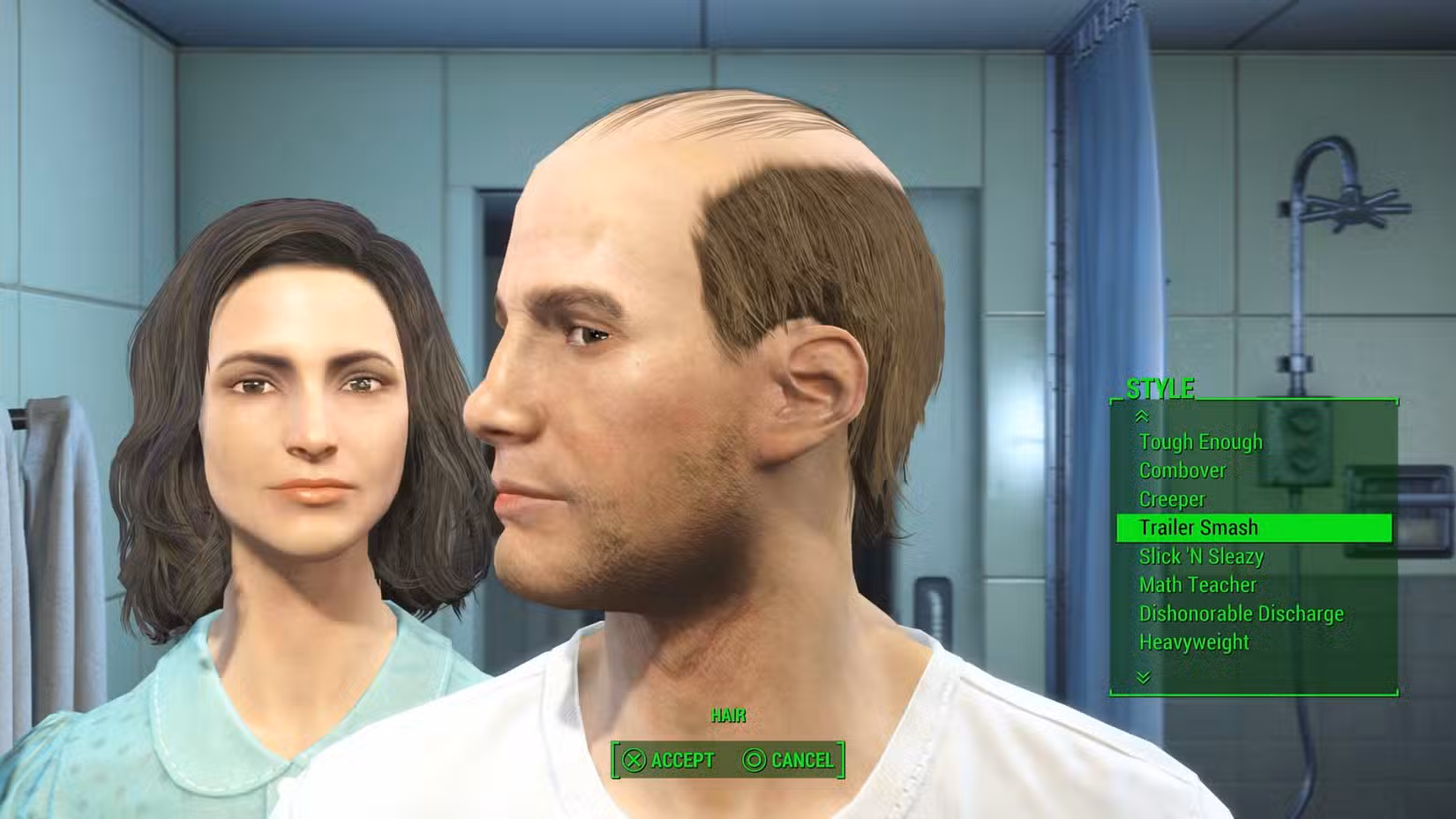 O protagonista masculino de Fallout 4 visto de perfil enquanto sua esposa está atrás dele