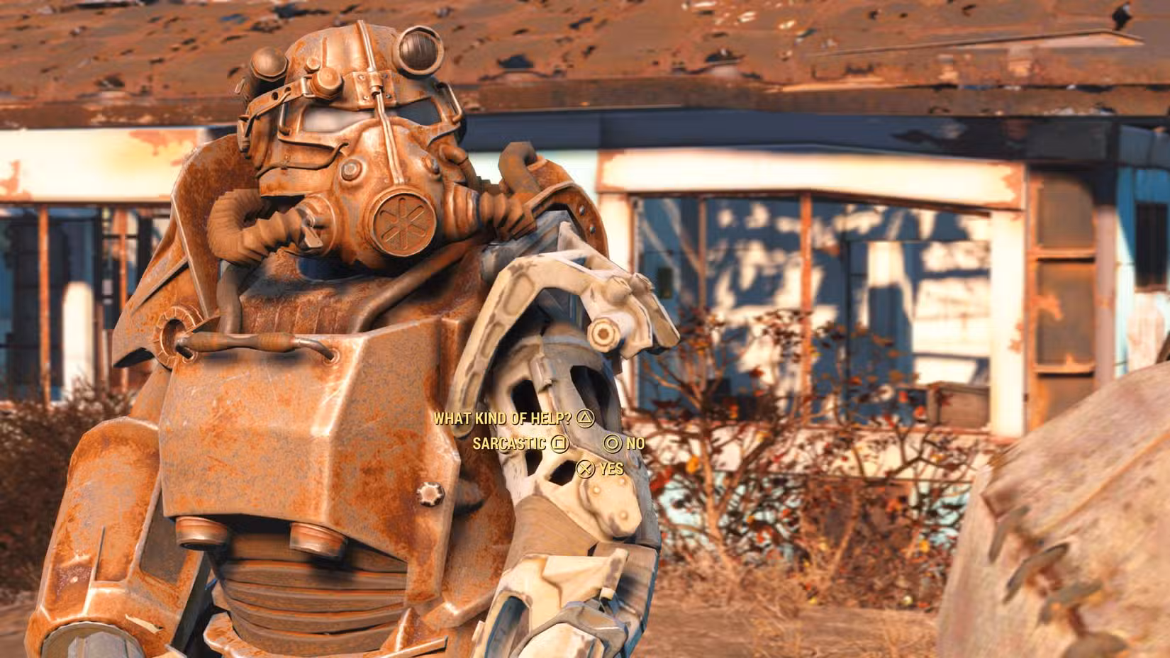 Vestido com armadura poderosa, o protagonista de Fallout 4 considera opções de diálogo
