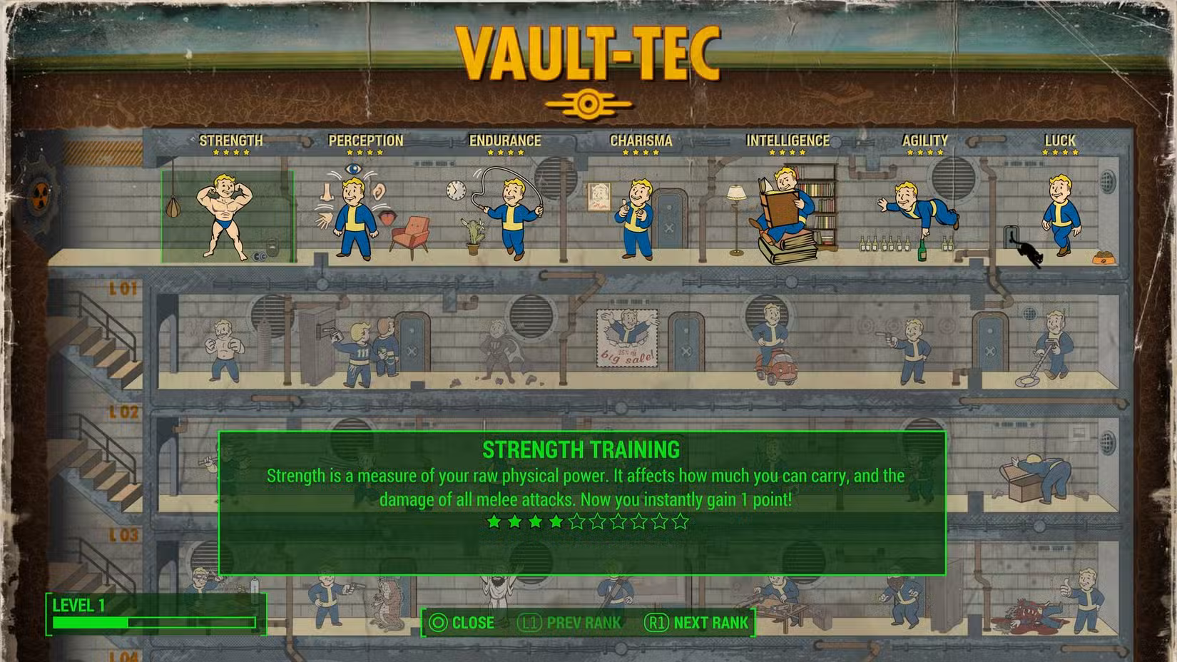 Uma olhada no menu de personalização de personagens do Fallout 4, com vantagens selecionáveis ​​em uma grade