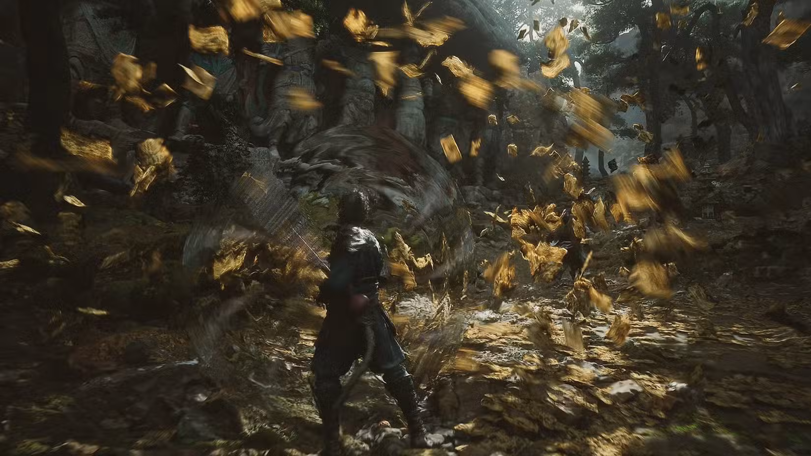 folhas voando ao redor do personagem principal do mito negro wukong.