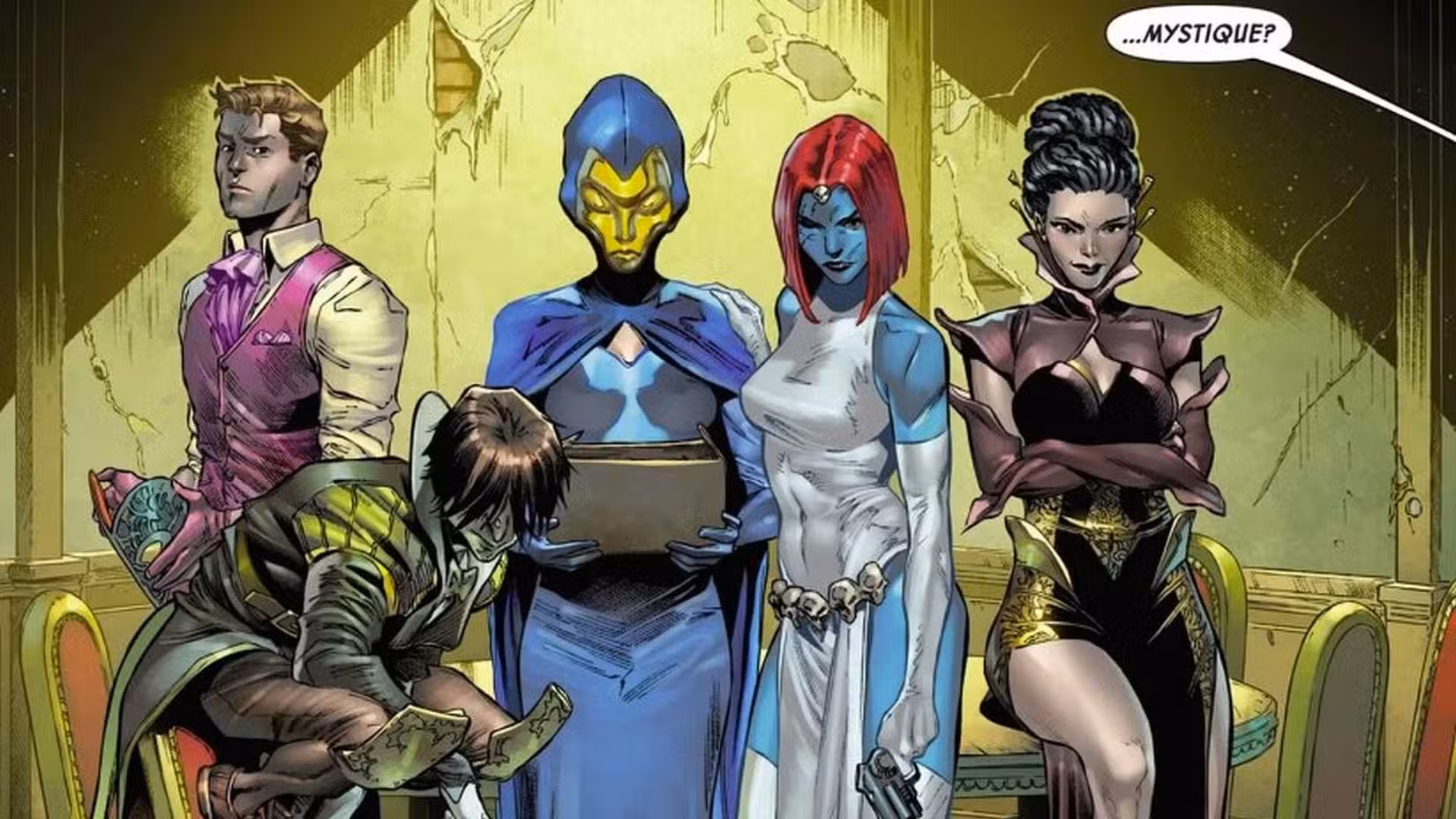 Empath, Toad, Destiny, Mystique e Materminda próximos um do outro
