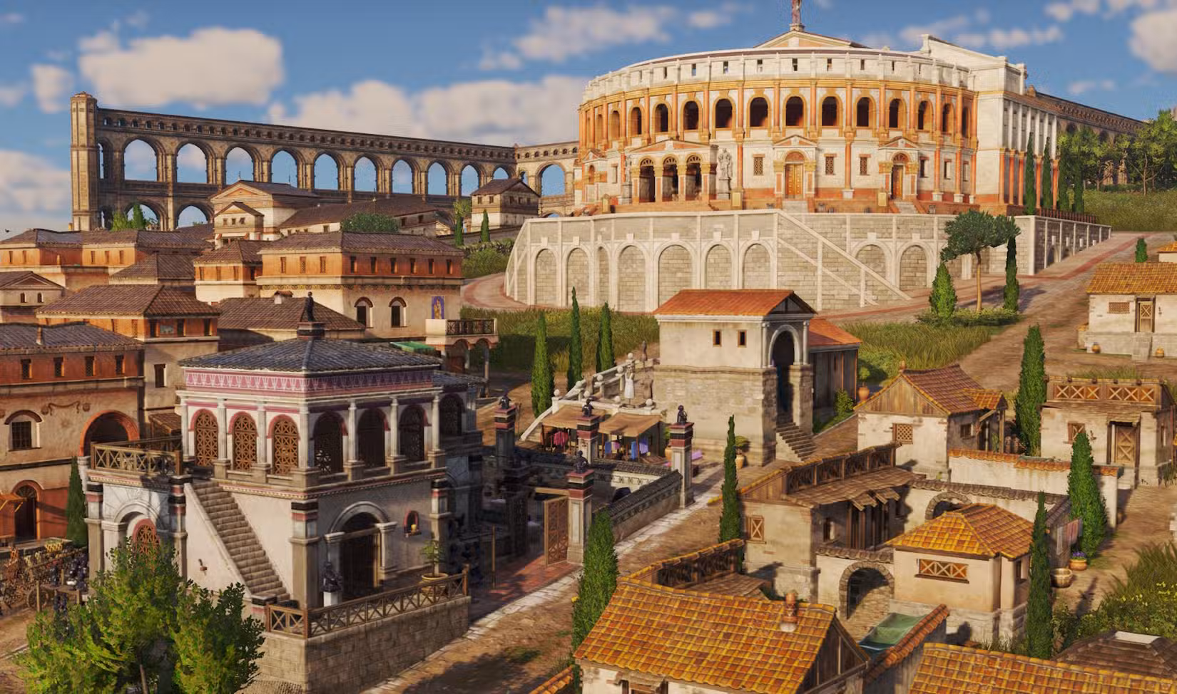 Um edifício de produção de estatuetas em frente a um teatro em Anno 117