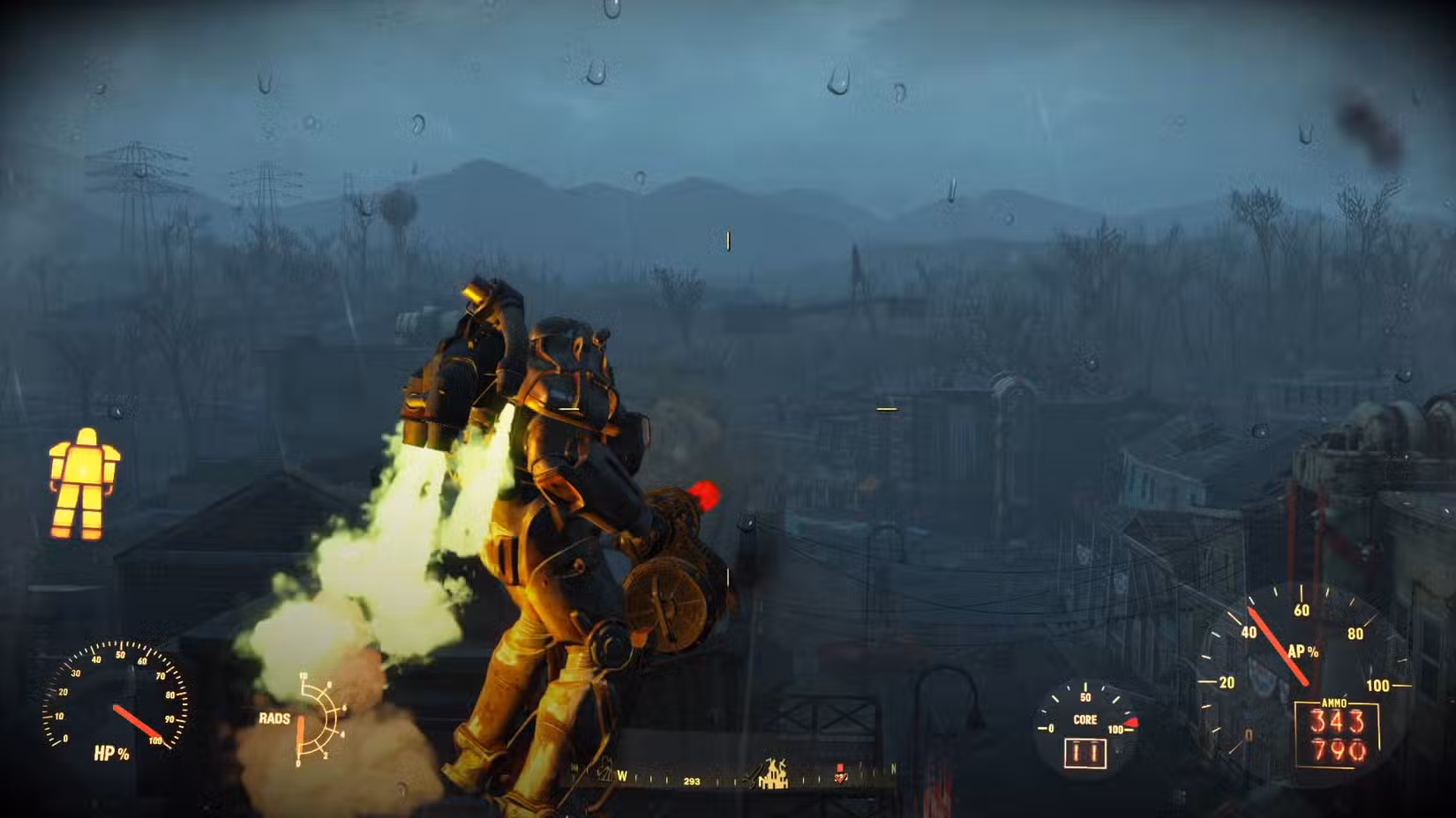 O jogador vestindo power armor durante a missão When Freedom Calls em Fallout 4, voando pelo ar usando o jetpack.