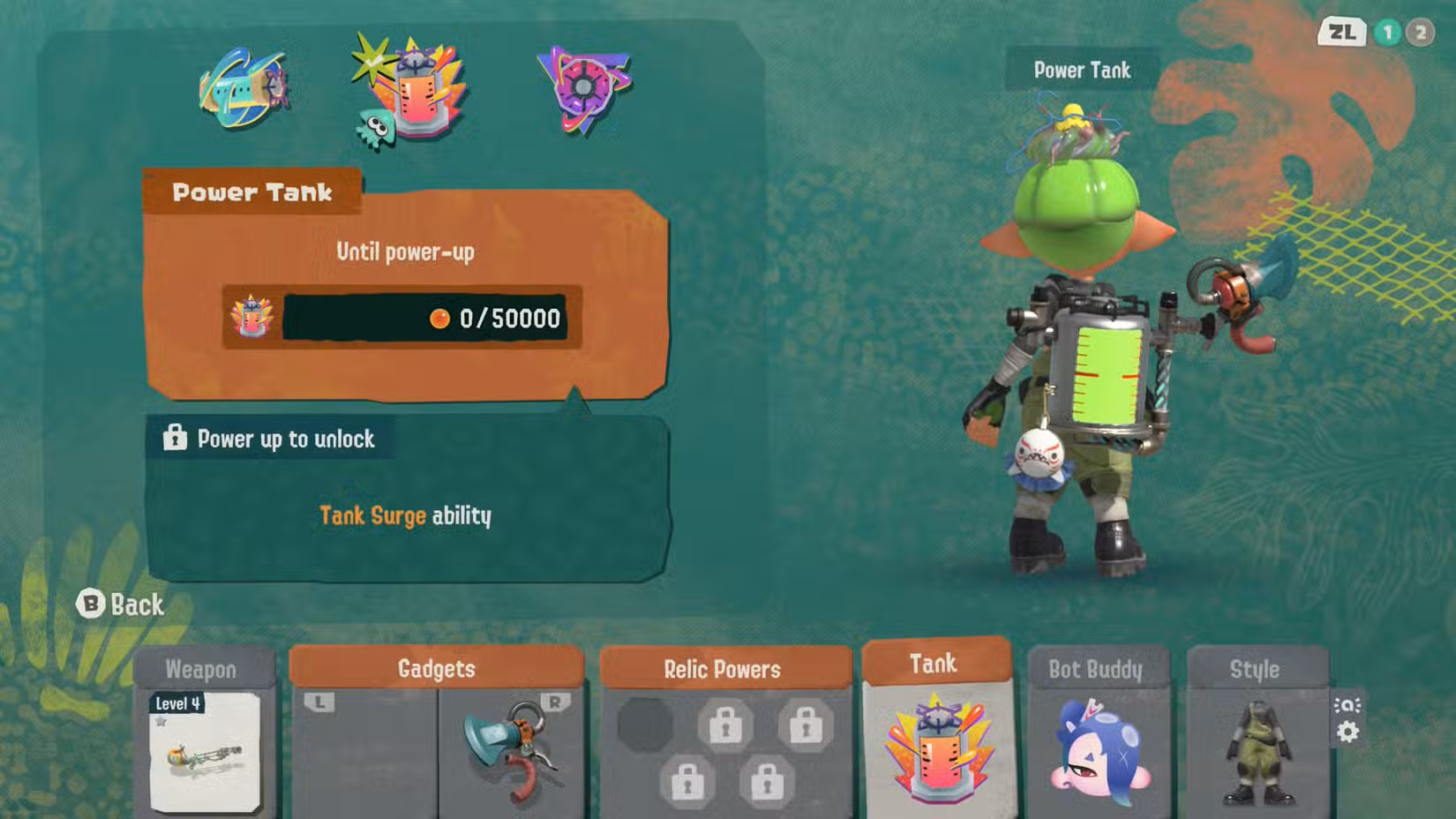 O menu do tanque em Splatoon Raiders