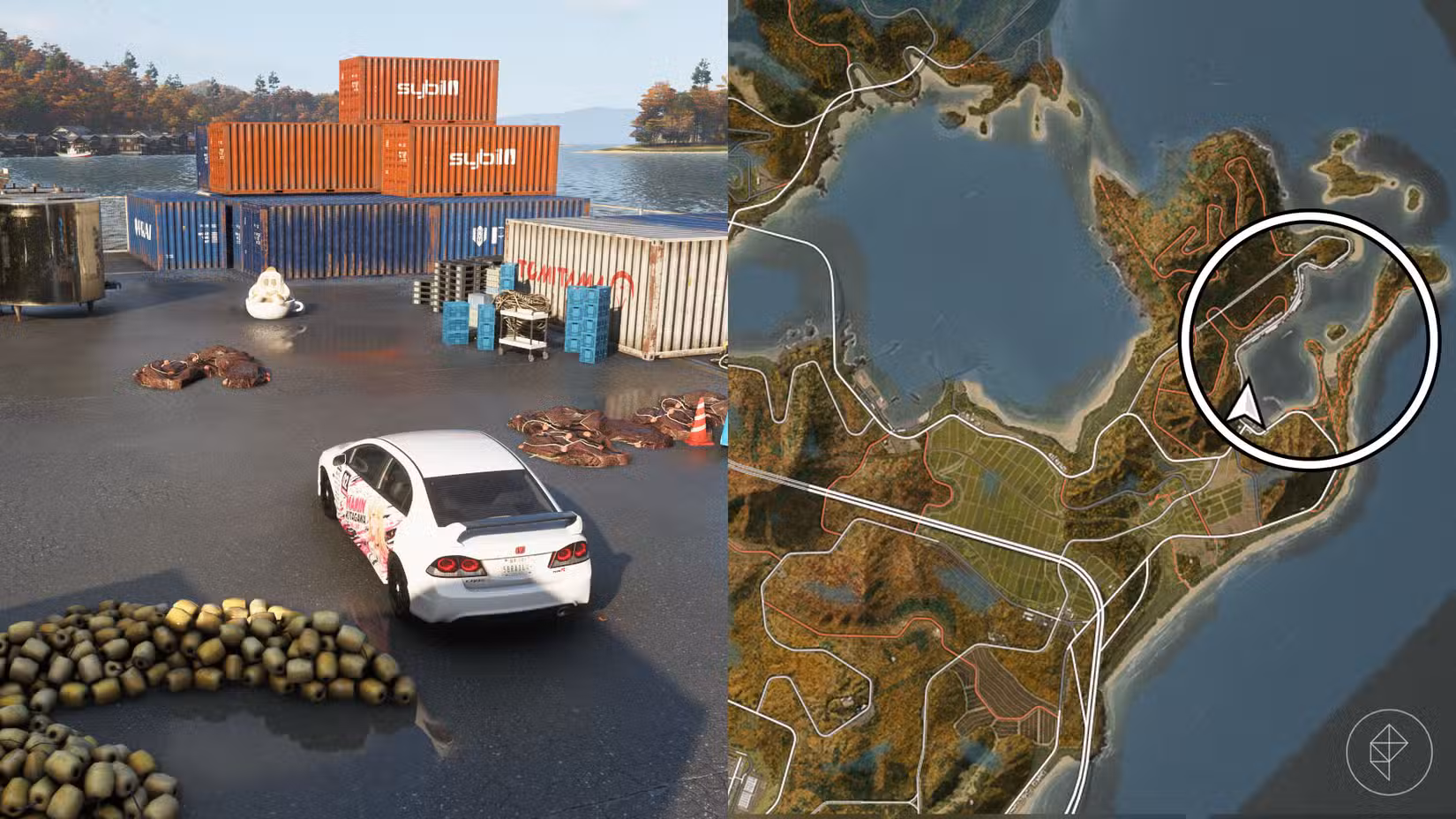 Uma montagem com duas fotos do Forza Horizon 6 mostrando a localização dos mascotes dos copos de café com leite