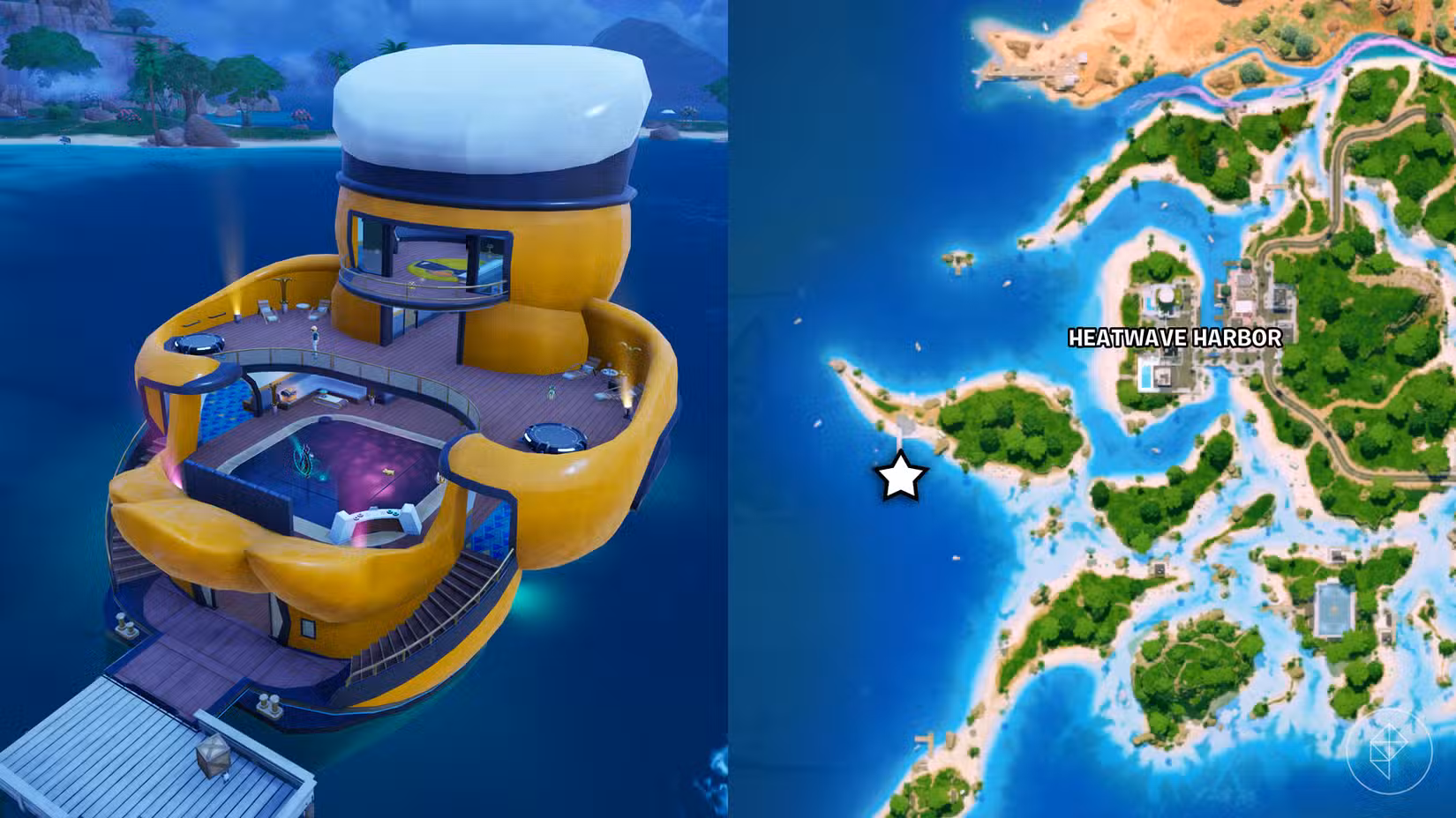 Um iate em forma de pato em Fortnite e sua localização marcada no mapa.