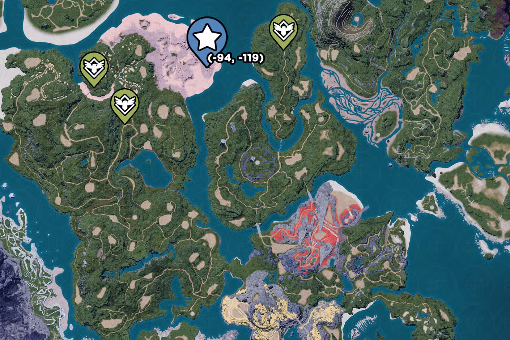 Um mapa Palworld mostrando onde colocar uma base de petróleo Pal de alta qualidade no deserto.