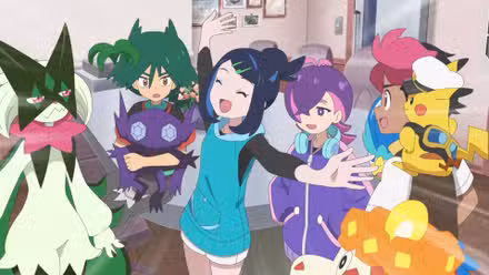 O elenco de Pokémon Horizons Season 3 em uma sala com seus respectivos titulares