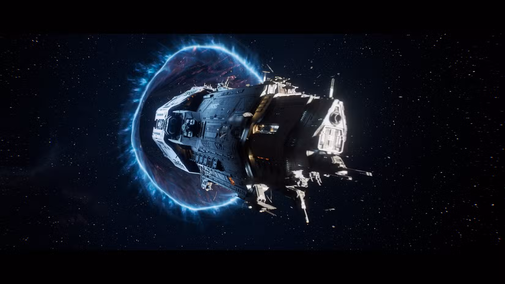 A nave espacial Pilar do Outono emerge de um portão de dobra