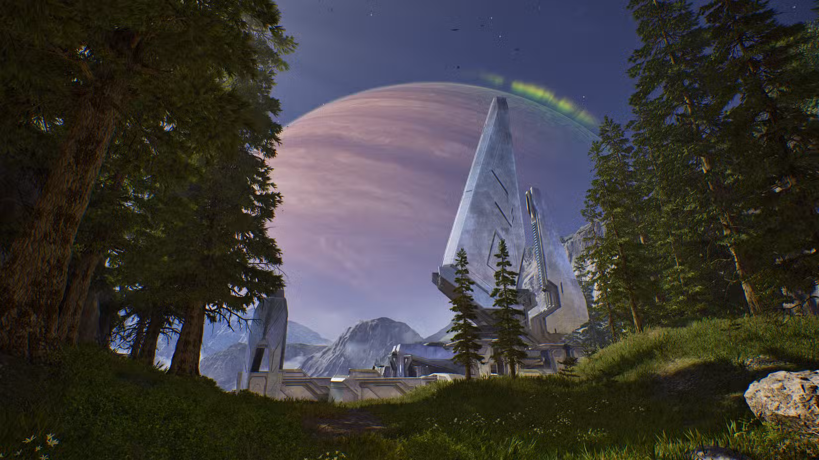 Arquitetura espacial legal em uma floresta contra um planeta em ascensão