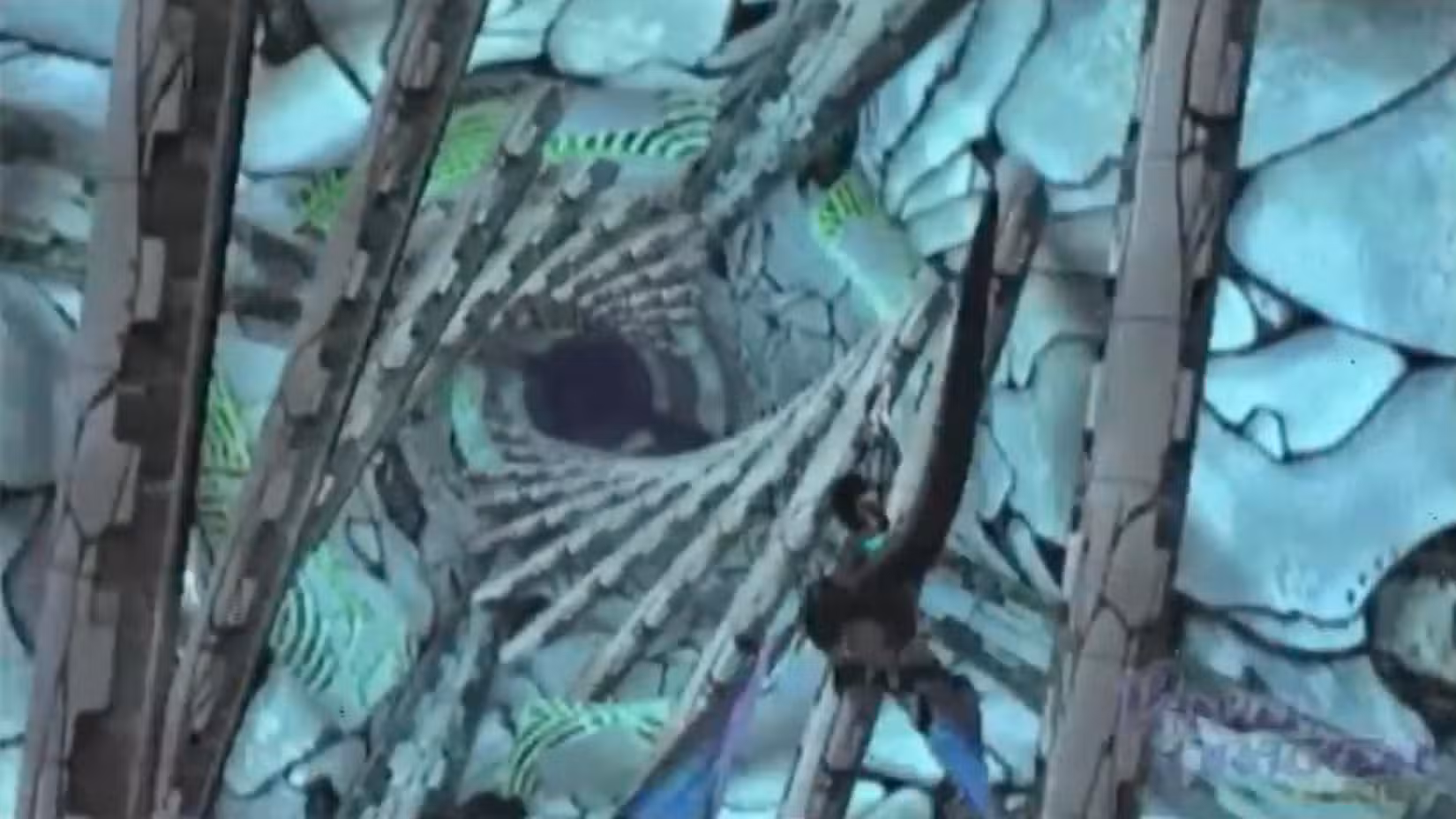 Uma captura de tela do jogo Panzer Dragoon Orta mostrando o dragão deslizando por um túnel.