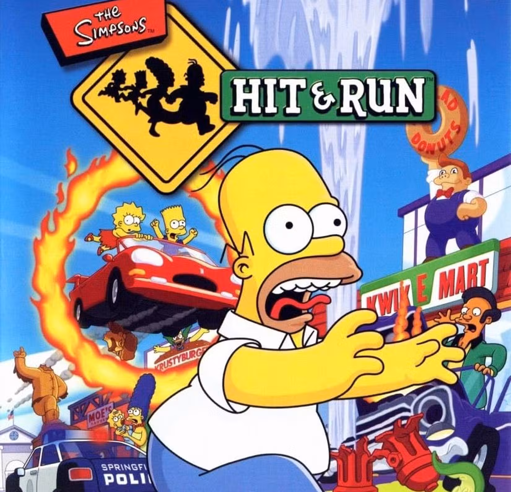 Amostra da arte da capa de The Simpsons Hit and Run, com Homer fugindo de Bart e Lisa enquanto eles lançam seu carro vermelho através de um anel de fogo em chamas