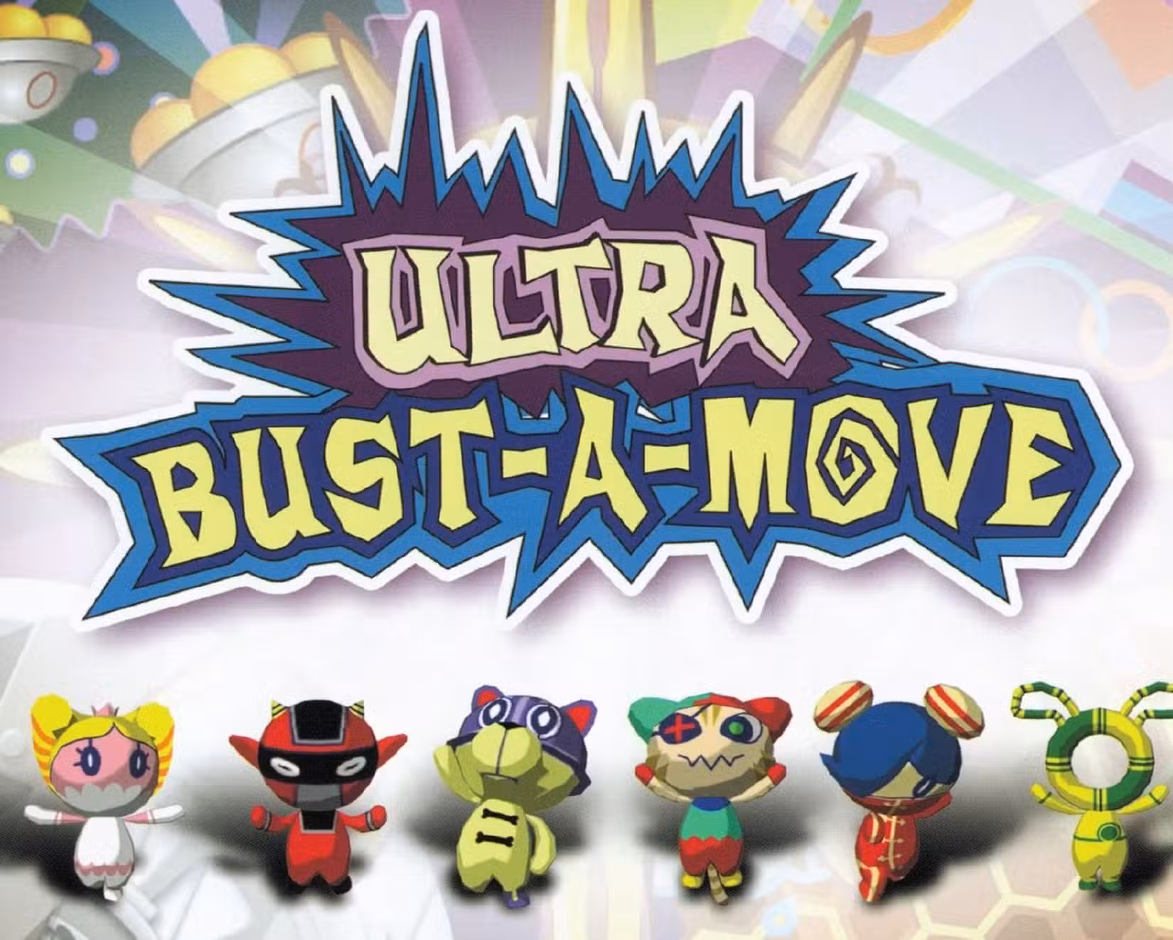 Amostra da arte da capa do Ultra Bust-A-Move apresentando uma fileira de mascotes abaixo do logotipo