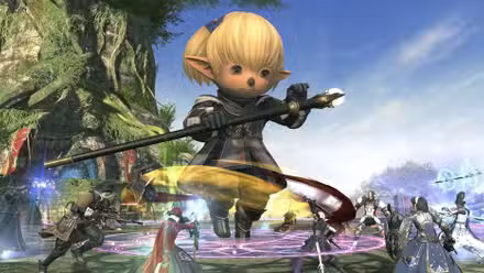 Shanttoto exerce magia sobre um grupo de guerreiros da luz em Final Fantasy 14