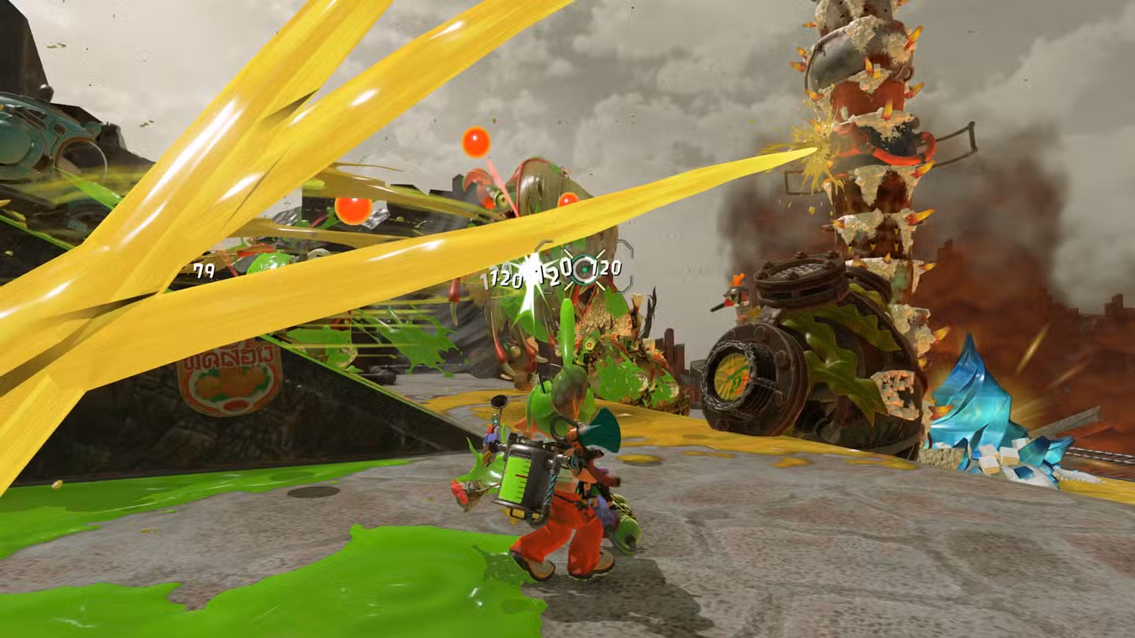 Um jogador do Splatoon Raiders cobrindo o campo com tinta usando dispositivos e armas