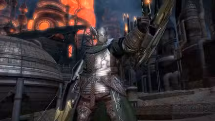 Um Bastião fazendo uma saudação em Final Fantasy XIV Evercold