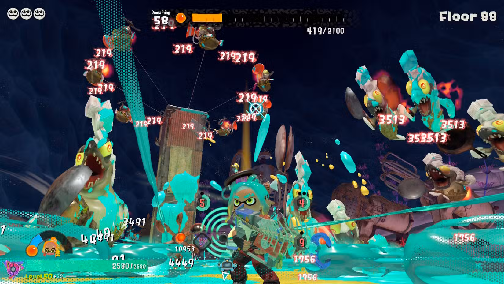 Um Inkling luta contra Salmonídeos em Splatoon Raiders.
